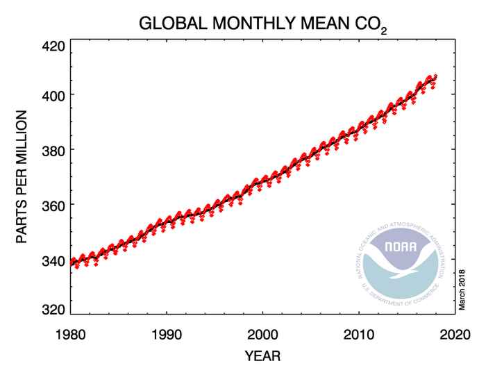 Greennova - concentración de CO2 (dióxido de carbono) en la atmósfera durante los últimos 40 años